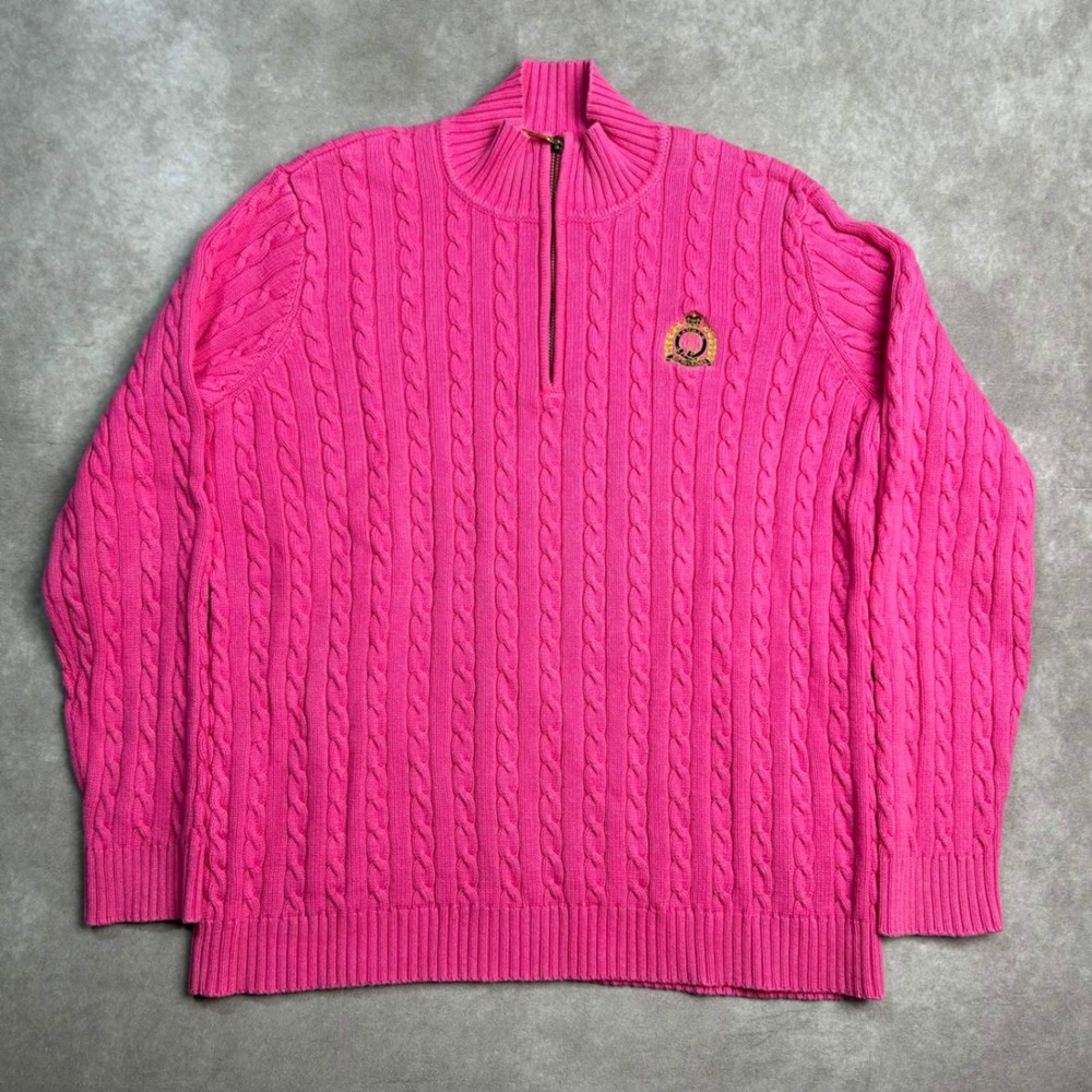 Lauren Ralph Lauren Hot Pink Cable Knit Quarter Zip Crest Sweater Small Preppy